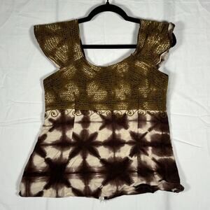 Woman's Y2K Handmade Embroidered Tye Dye Brown Zip Top Best Fit S/M